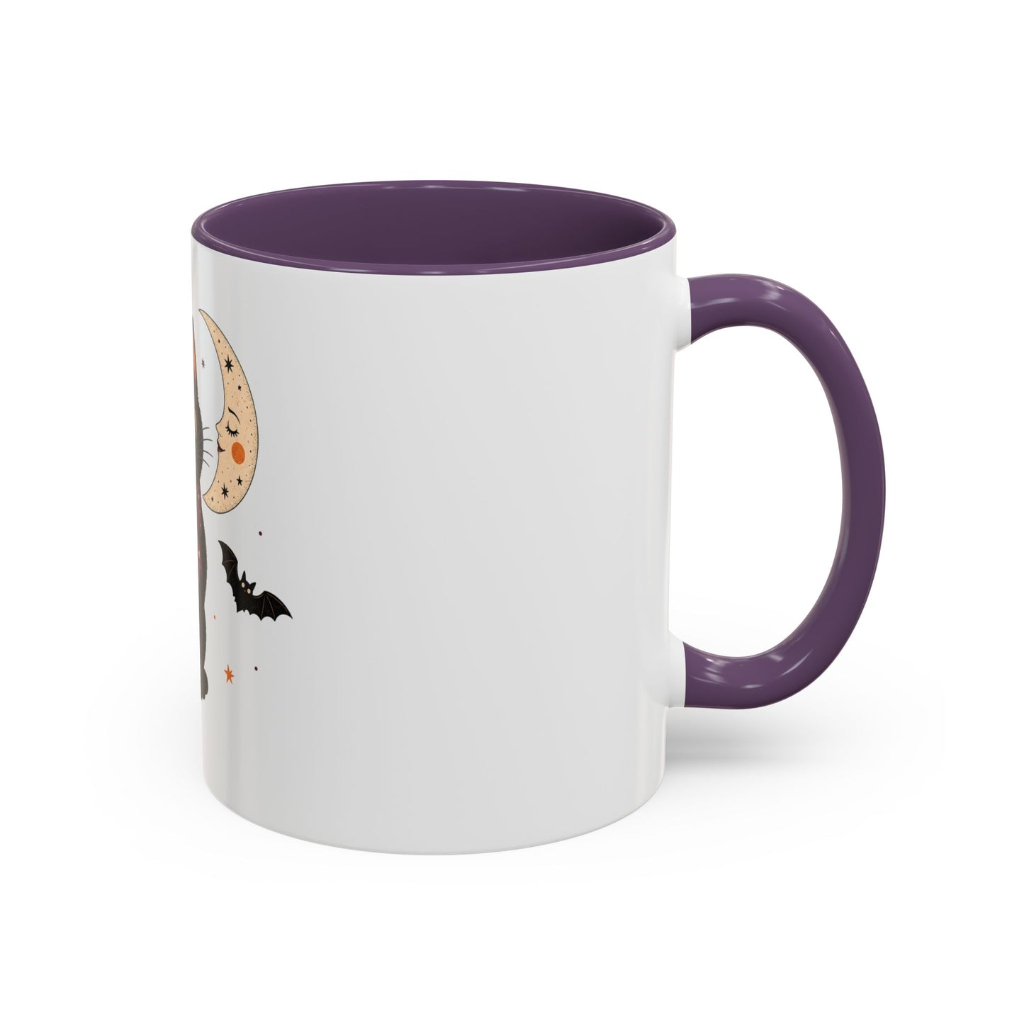Black Cat Moon Accent Coffee Mug — Cute Halloween Cat with Bats (11/15oz)