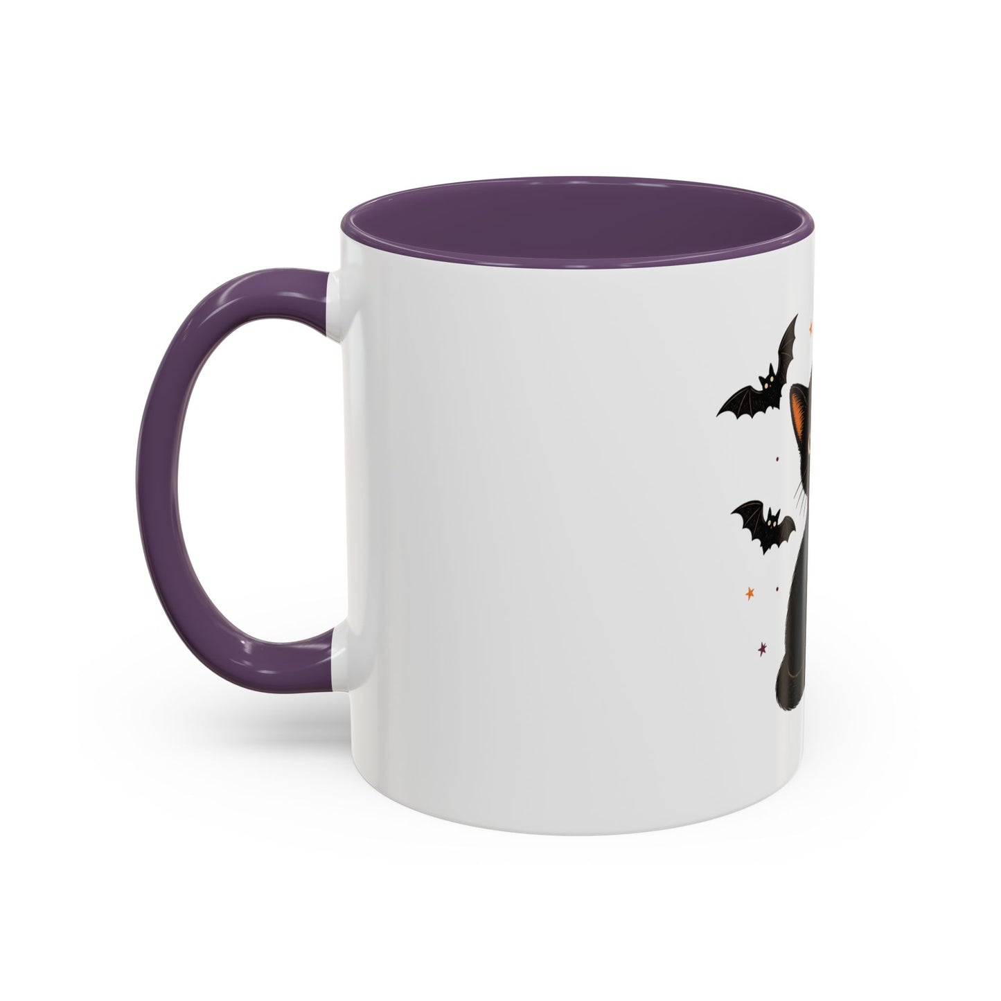 Black Cat Moon Accent Coffee Mug — Cute Halloween Cat with Bats (11/15oz)