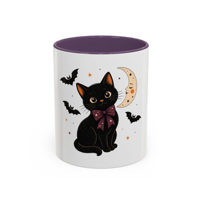 Black Cat Moon Accent Coffee Mug — Cute Halloween Cat with Bats (11/15oz)