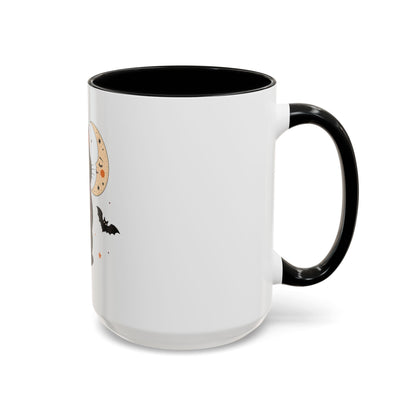 Black Cat Moon Accent Coffee Mug — Cute Halloween Cat with Bats (11/15oz)