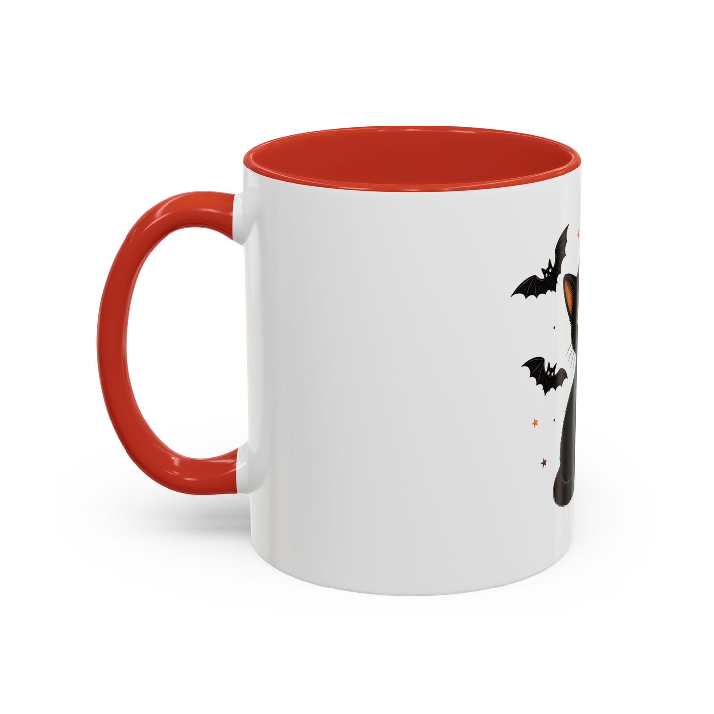 Black Cat Moon Accent Coffee Mug — Cute Halloween Cat with Bats (11/15oz)