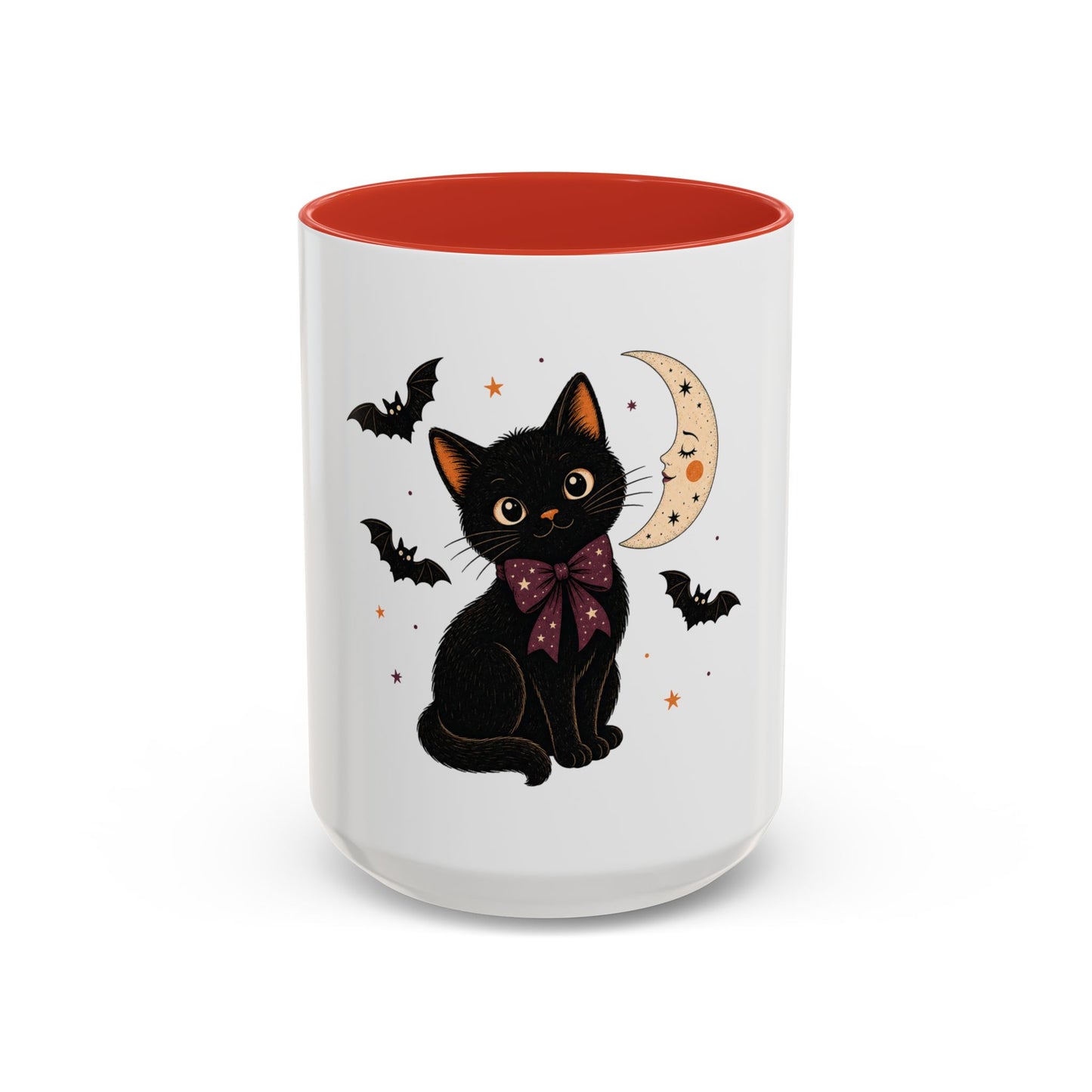 Black Cat Moon Accent Coffee Mug — Cute Halloween Cat with Bats (11/15oz)