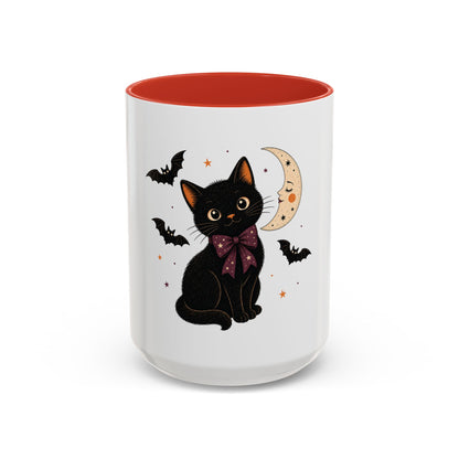 Black Cat Moon Accent Coffee Mug — Cute Halloween Cat with Bats (11/15oz)