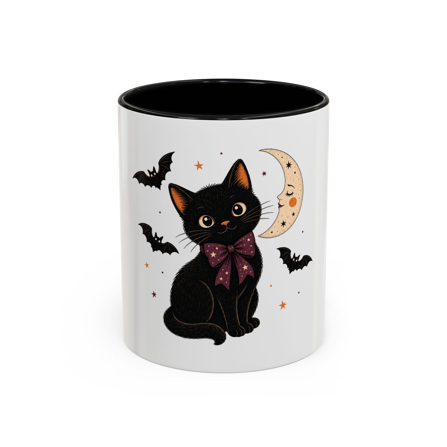 Black Cat Moon Accent Coffee Mug — Cute Halloween Cat with Bats (11/15oz)
