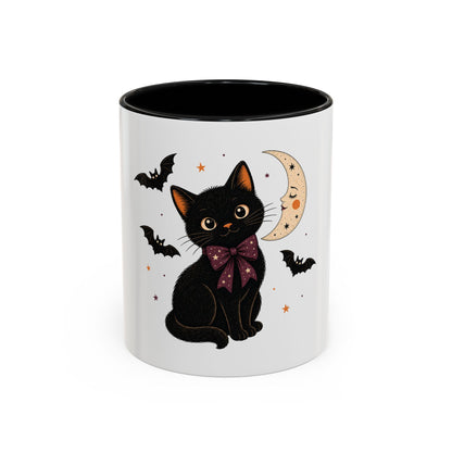 Black Cat Moon Accent Coffee Mug — Cute Halloween Cat with Bats (11/15oz)