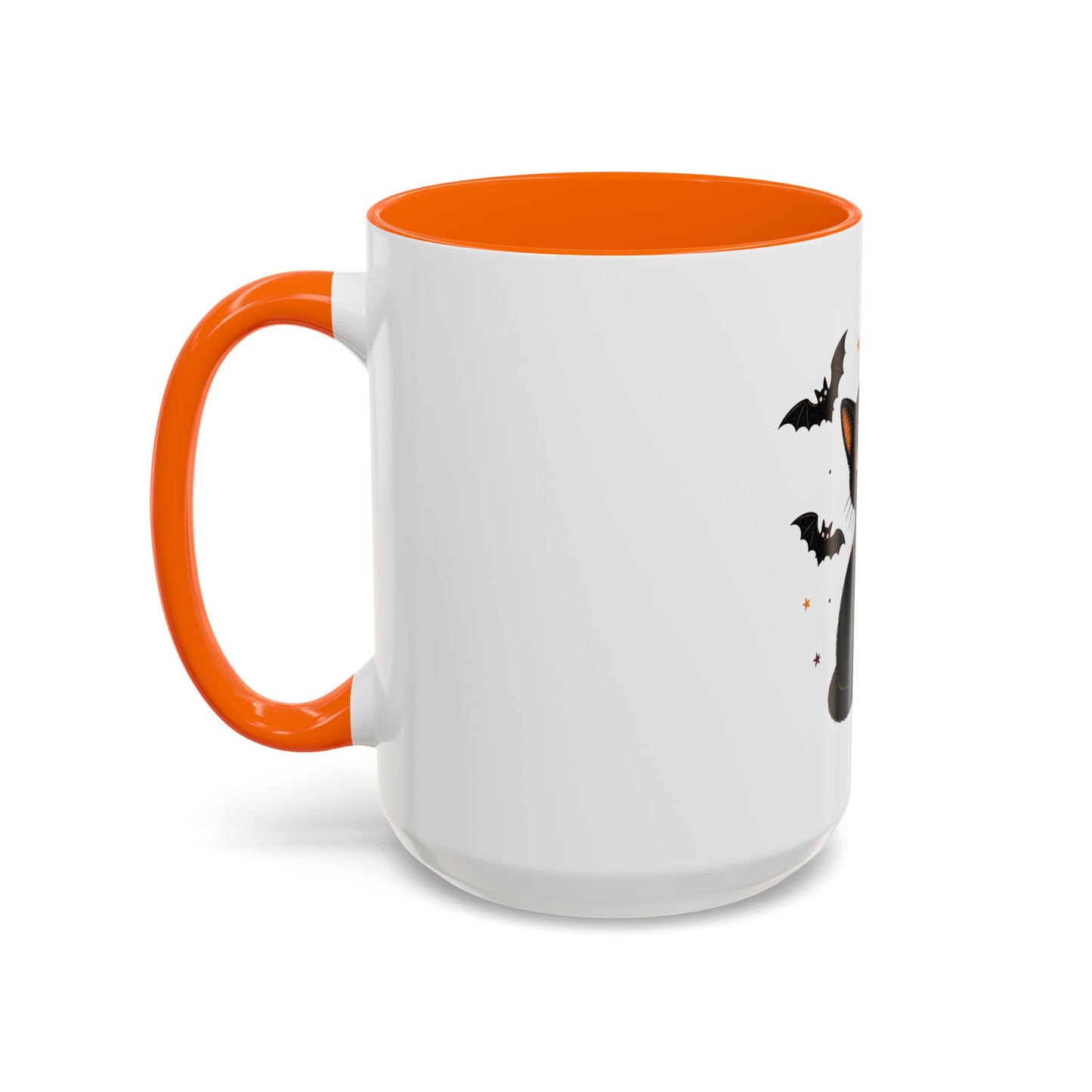 Black Cat Moon Accent Coffee Mug — Cute Halloween Cat with Bats (11/15oz)