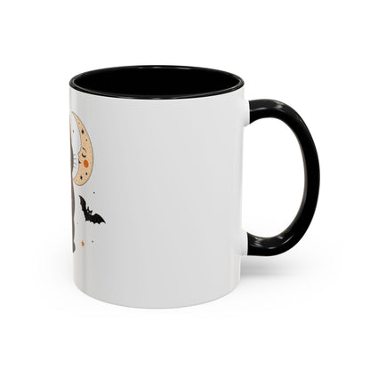 Black Cat Moon Accent Coffee Mug — Cute Halloween Cat with Bats (11/15oz)