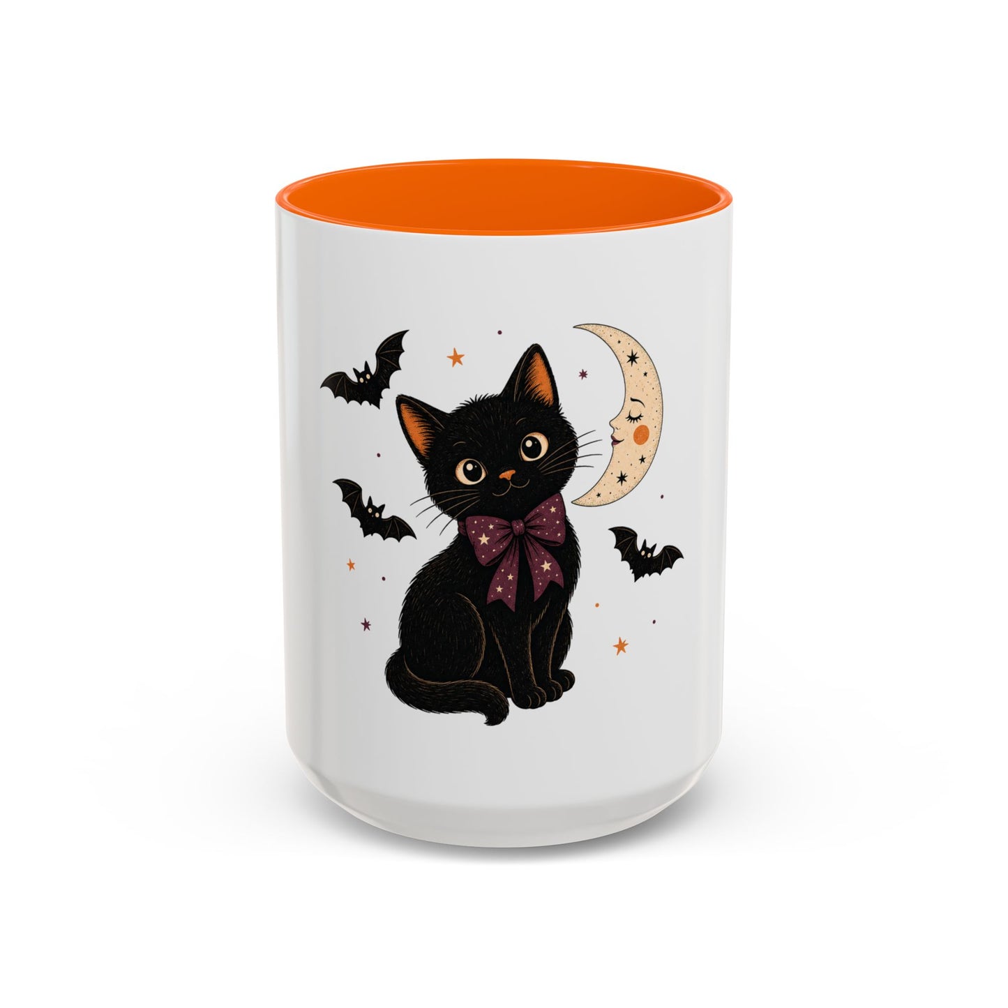 Black Cat Moon Accent Coffee Mug — Cute Halloween Cat with Bats (11/15oz)