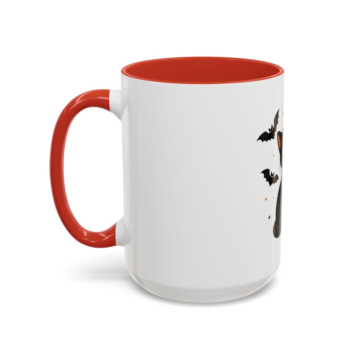 Black Cat Moon Accent Coffee Mug — Cute Halloween Cat with Bats (11/15oz)