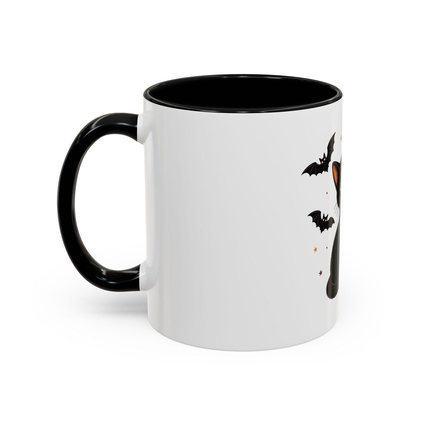 Black Cat Moon Accent Coffee Mug — Cute Halloween Cat with Bats (11/15oz)