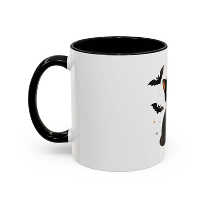 Black Cat Moon Accent Coffee Mug — Cute Halloween Cat with Bats (11/15oz)
