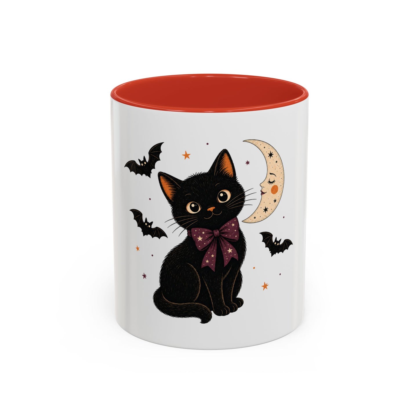 Black Cat Moon Accent Coffee Mug — Cute Halloween Cat with Bats (11/15oz)