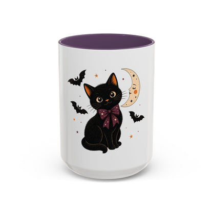 Black Cat Moon Accent Coffee Mug — Cute Halloween Cat with Bats (11/15oz)