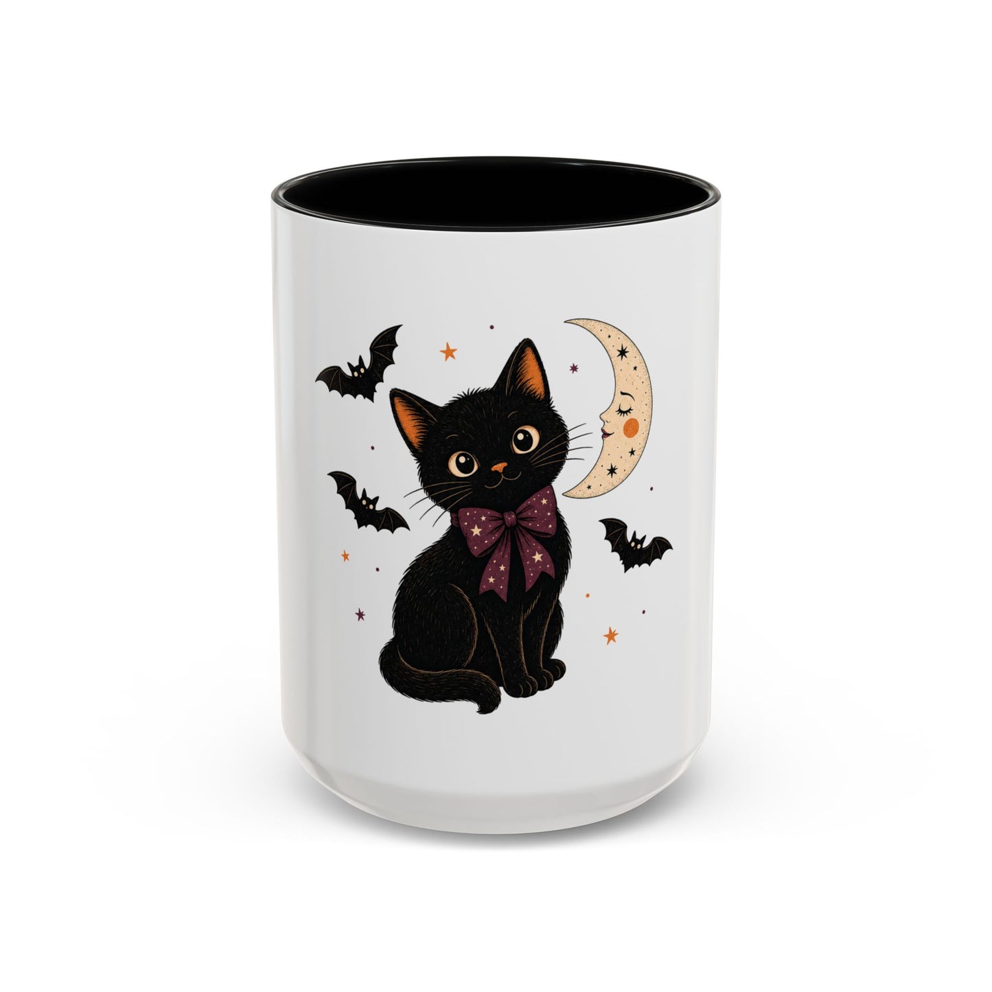 Black Cat Moon Accent Coffee Mug — Cute Halloween Cat with Bats (11/15oz)