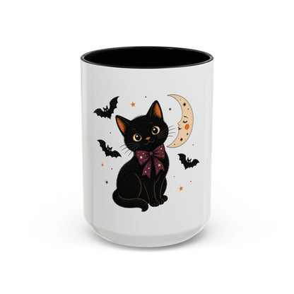 Black Cat Moon Accent Coffee Mug — Cute Halloween Cat with Bats (11/15oz)