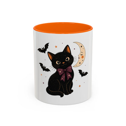 Black Cat Moon Accent Coffee Mug — Cute Halloween Cat with Bats (11/15oz)